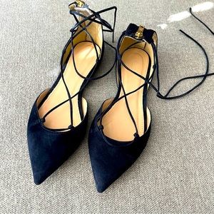 J. Crew Pointy Blue Suede Flats Ankle Zipper Strappy Tie Size 7